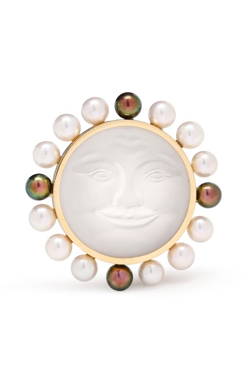 18k Gold Rock Crystal and Pearl Brooch
