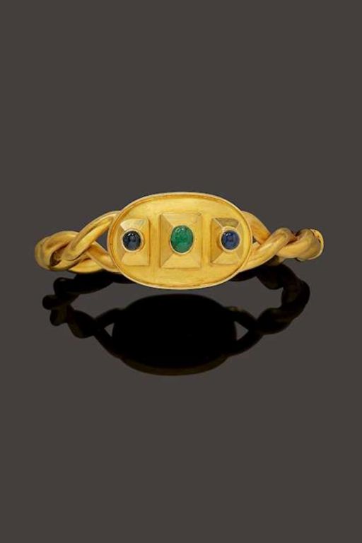 Gold Emerald and Sapphire Bangle