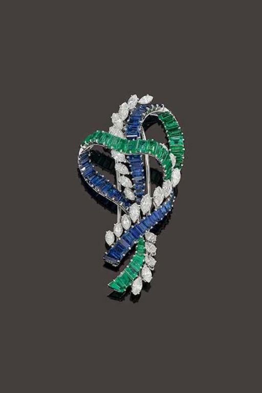 Platinum and 18k Gold Multi-Gem Brooch