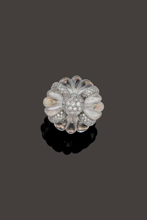 14k Gold Rock Crystal and Diamond Ring