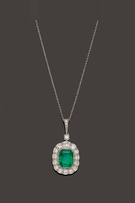 Platinum and 18k Gold Emerald Pendant Necklace