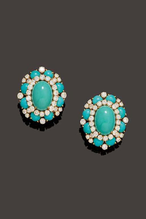 18k Gold Turquoise and Diamond Earrings