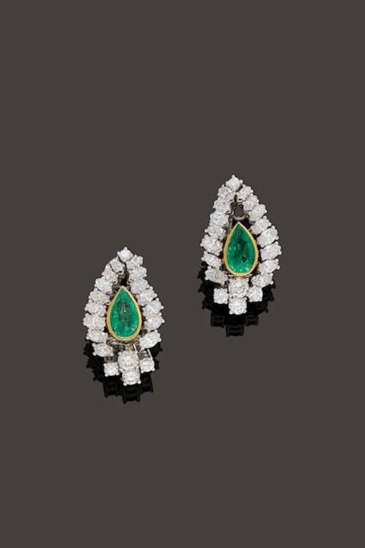 Pair of 18k Gold Emerald and Diamond Earrings