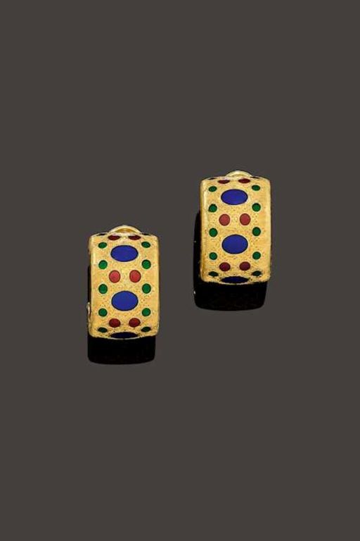 Pair of 18k Gold Enamel Earrings