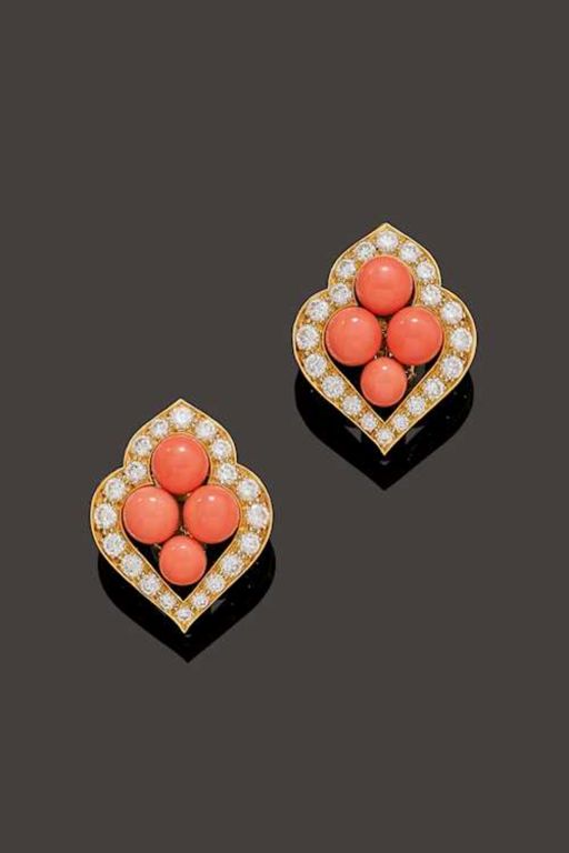 18k Gold Coral and Diamond Earrings