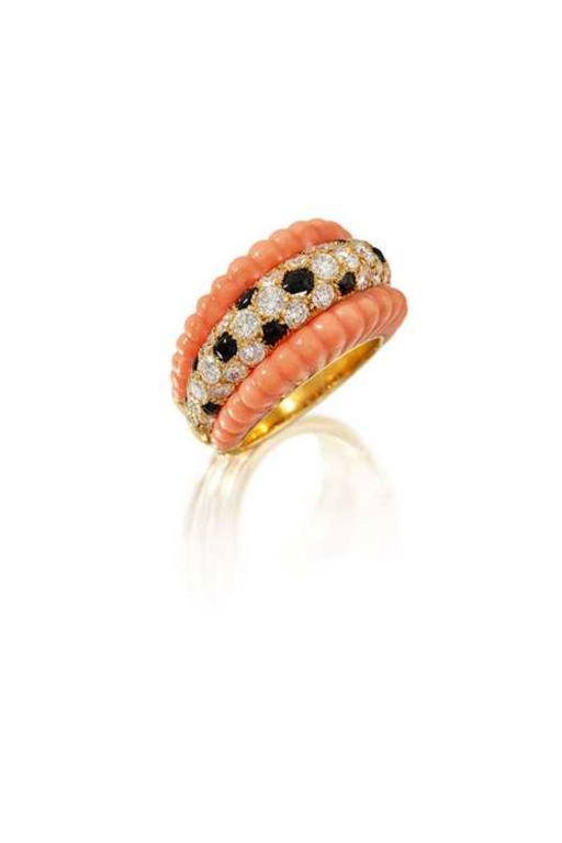 18k Gold Coral, Diamond and Onyx Ring