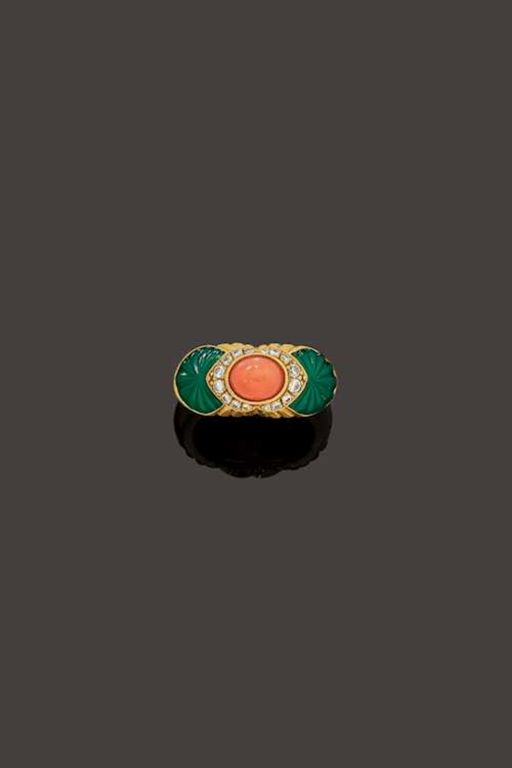 18k Gold Coral, Chrysoprase and Diamond Ring
