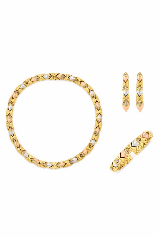 18k Tri-Color Gold Ruby and Diamond Jewelry Set