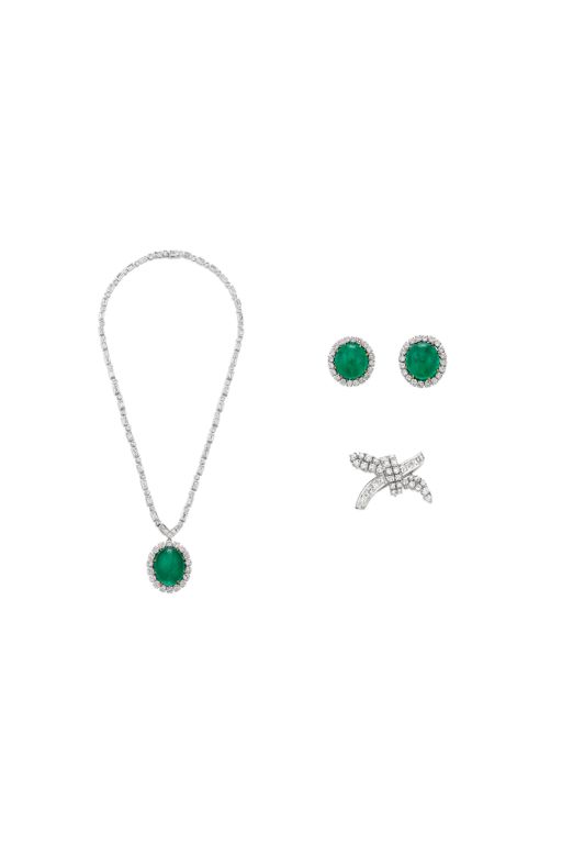 18k Gold Emerald and Diamond Jewelry Set
