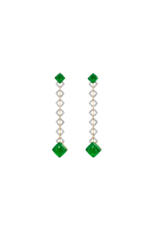 18k Gold Rock Crystal, Jade and Diamond Earrings