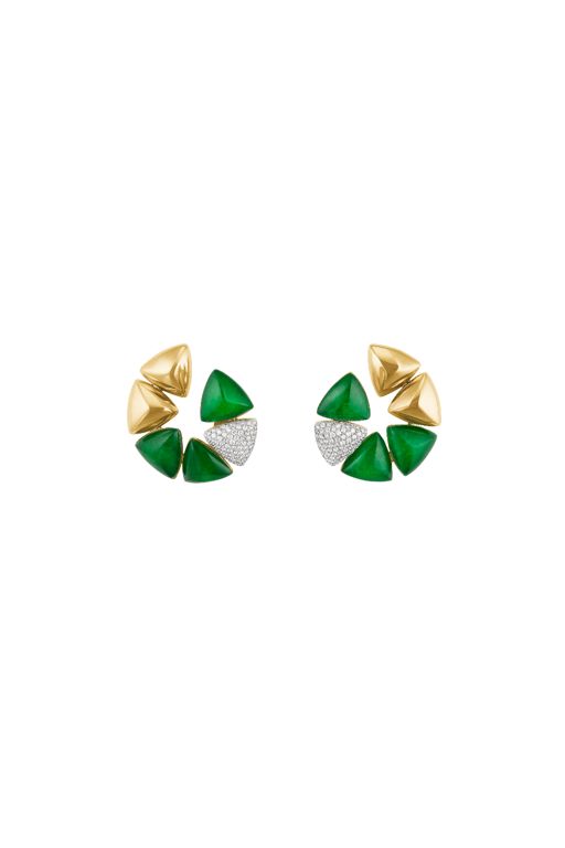 18k Gold Rock Crystal, Jade and Diamond Earrings