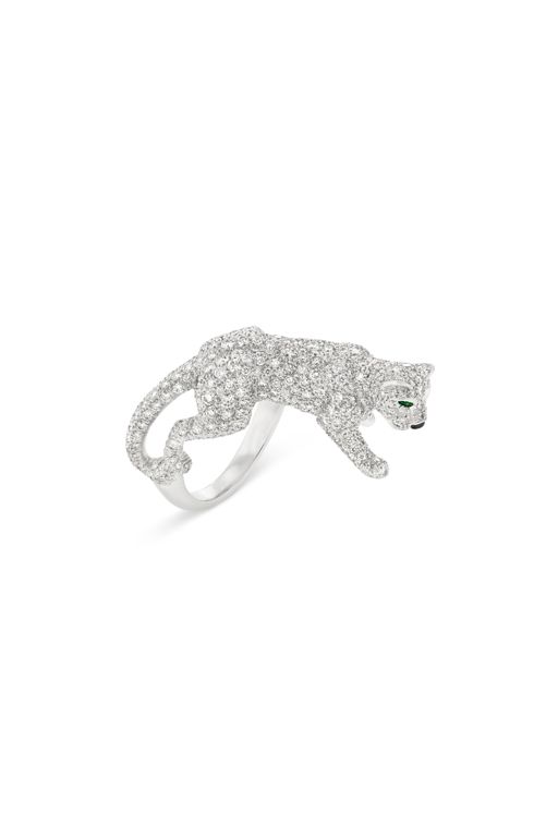 18k Gold Diamond, Emerald and Onyx Panther Ring