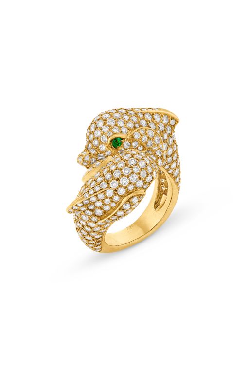 18k Yellow Gold Emerald and Diamond Dolphin Ring
