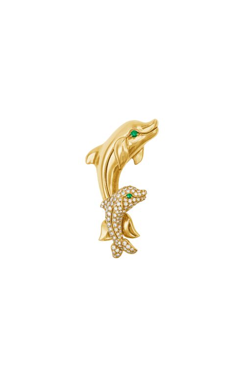 18k Yellow Gold Emerald and Diamond Dolphin Brooch