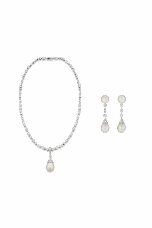 Platinum and Gold Pearl and Diamond Jewelry Set