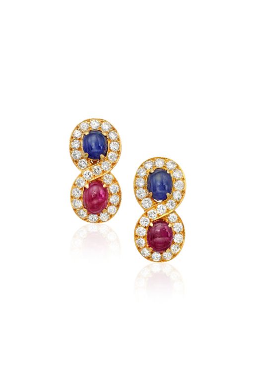 Gold Sapphire, Ruby and Diamond Earrings
