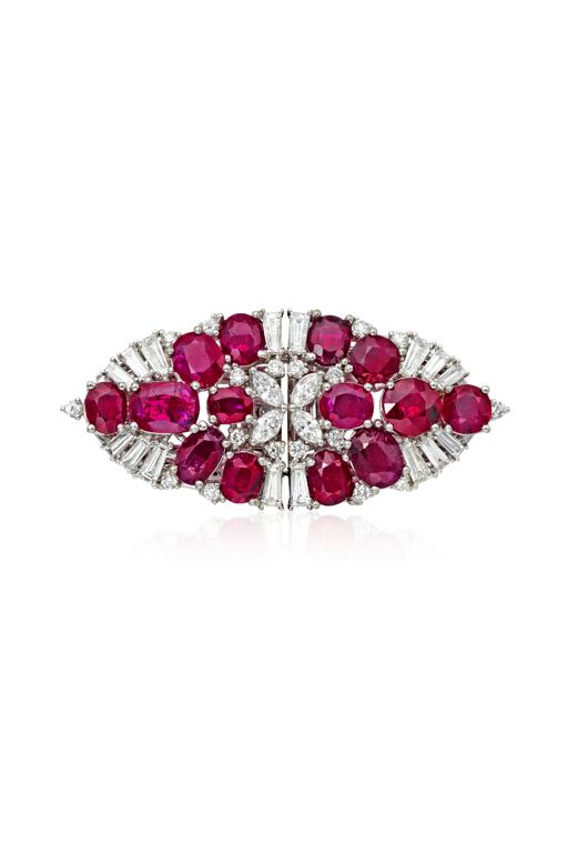 Pair of Platinum Ruby and Diamond Brooches