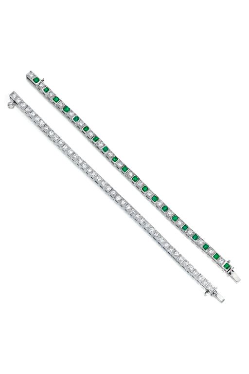 Two Gold Emerald and Diamond Bracelets