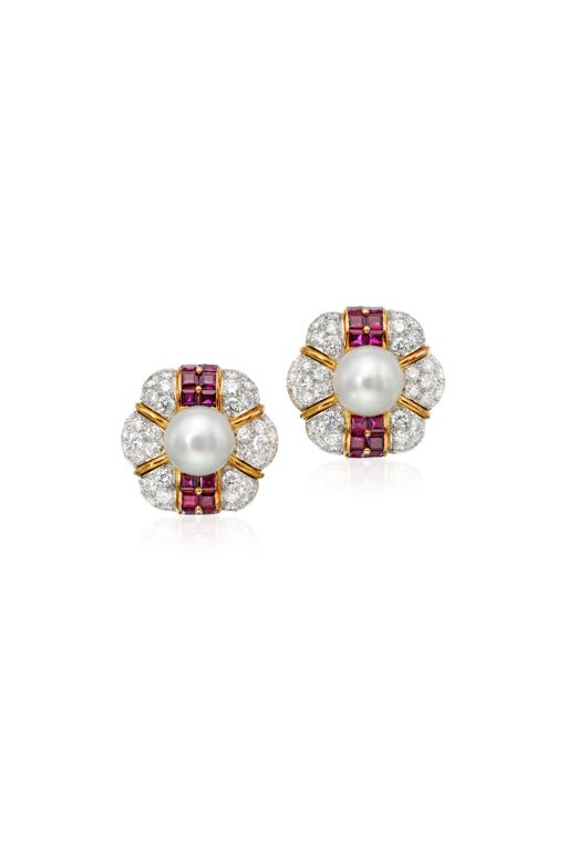 Pair of 18k Gold and Platinum Multi-Gem Earrings