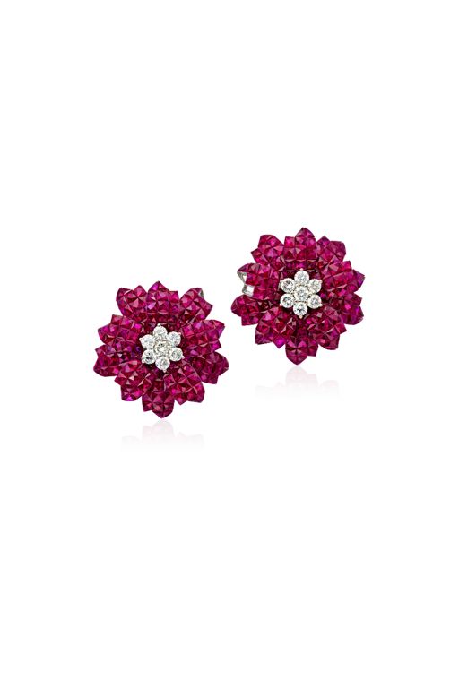 Pair of 18k Gold Ruby and Diamond Earrings