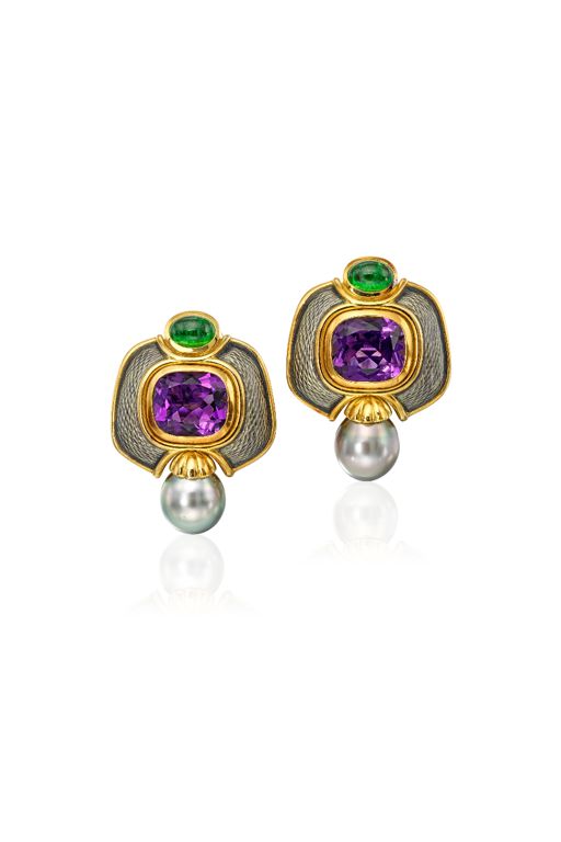 Pair of 18k Gold Multi-Gem Earrings