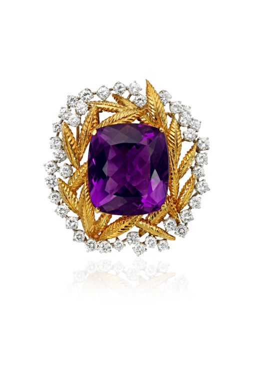 Gold Amethyst and Diamond Brooch