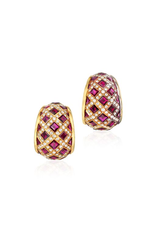 Pair of 18k Gold Ruby and Diamond Earrings