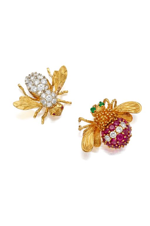 Two 18k Gold Multi-Gem Brooches