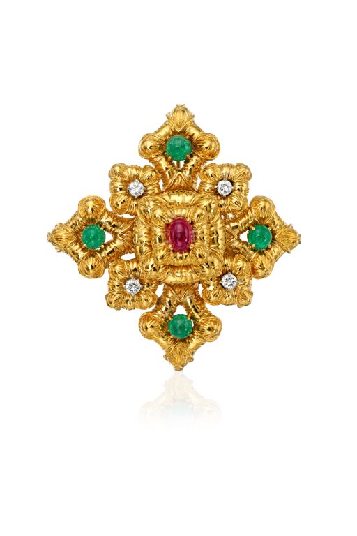 18k Gold Multi-Gem Brooch