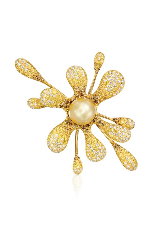 18k Gold Pearl and Diamond Brooch