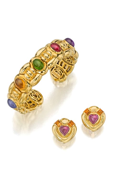 18k Gold Multi-Gem Bracelet and Earrings