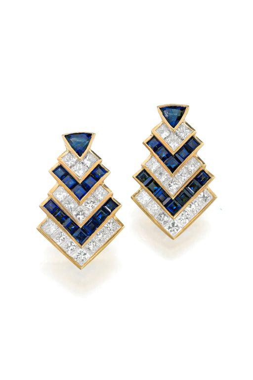 Pair of 18k Gold Sapphire and Diamond Earrings