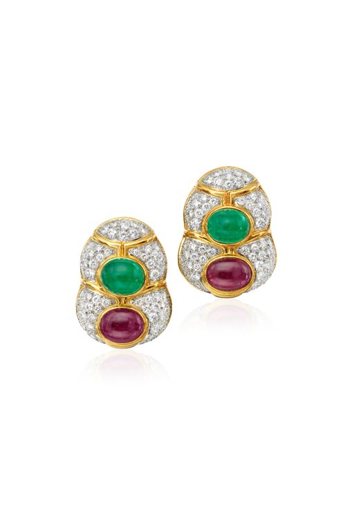 Pair of Emerald, Ruby and Diamond Ear Clips