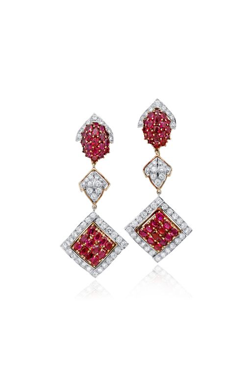 Pair of 18k Gold Ruby and Diamond Earrings
