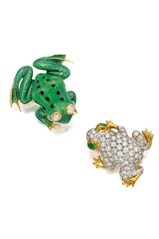 Two 18k Gold Diamond and Emerald Brooches