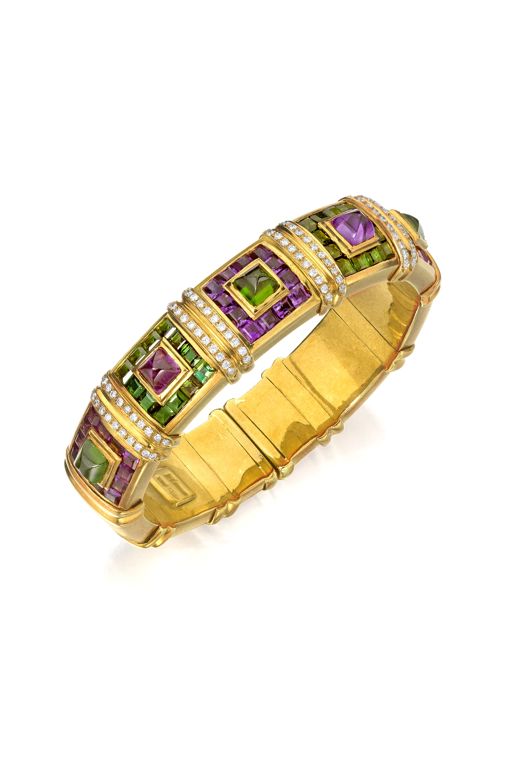 18k Gold Amethyst, Garnet and Diamond Bracelet