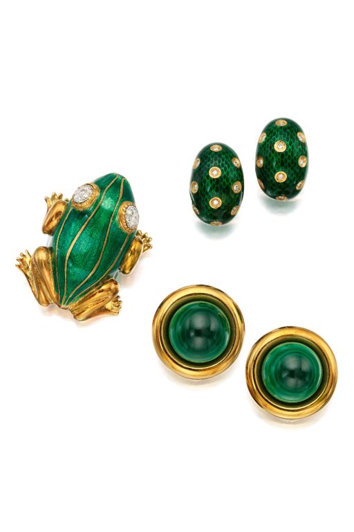 18k Gold Diamond and Malachite Jewelry Set