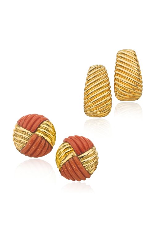 Two Pairs of 18k Gold Coral Earrings