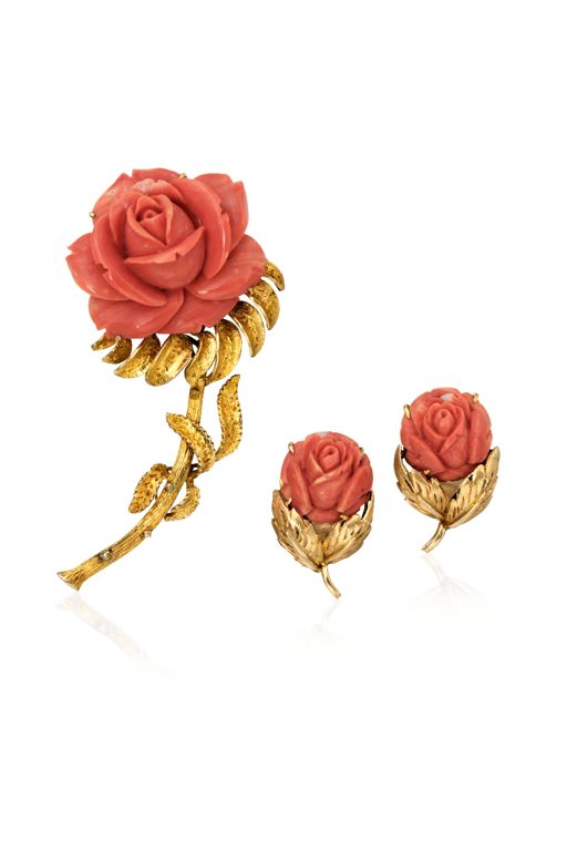 14k Gold Coral Brooch and Earrings