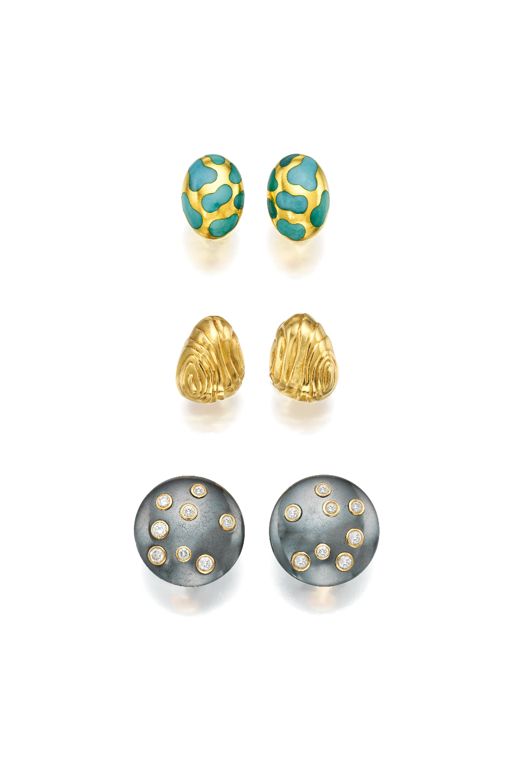 Three Pairs of Gold Multi-Gem Earrings