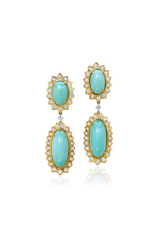 Pair of Gold Turquoise and Diamond Earrings