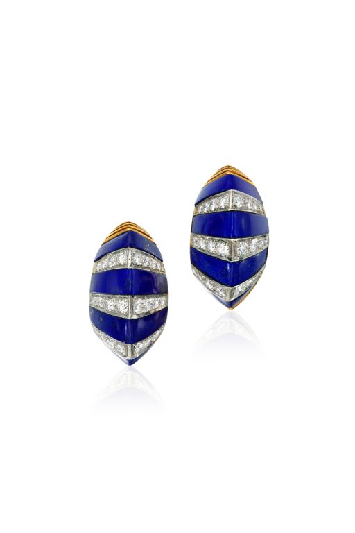 Pair of 18k Gold Lapis Lazuli and Diamond Earrings