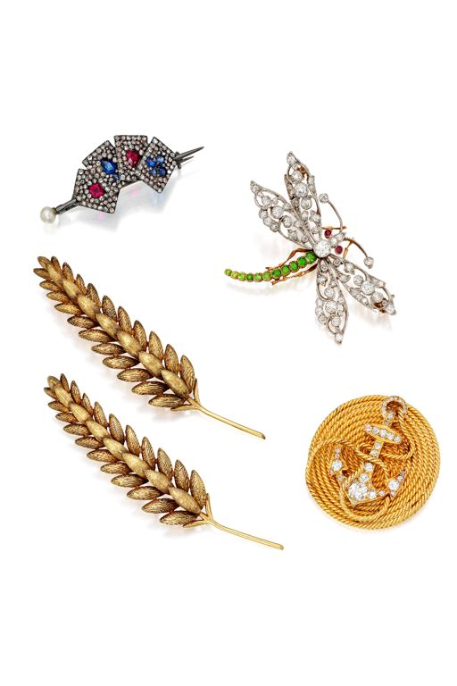 Five Gold Multi-Gem Brooches