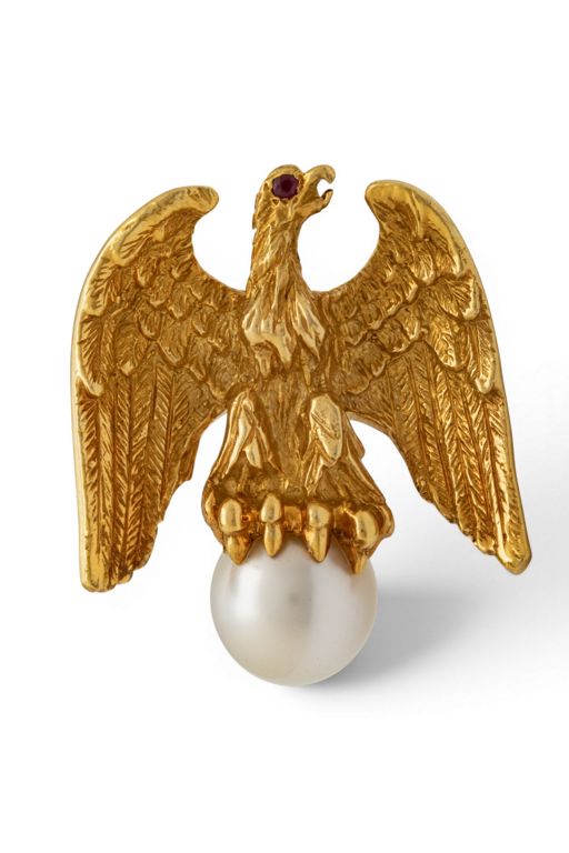 18k Gold Pearl and Ruby Brooch