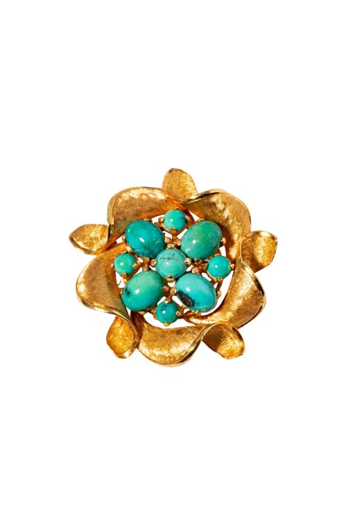 18k Gold Turquoise Flower Brooch
