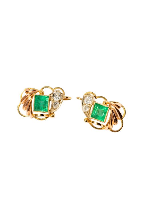 14k Yellow Gold Diamond and Emerald Earrings