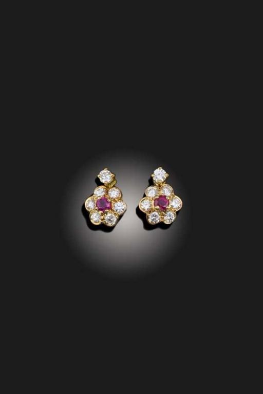 Pair of Gold Ruby and Diamond Earrings