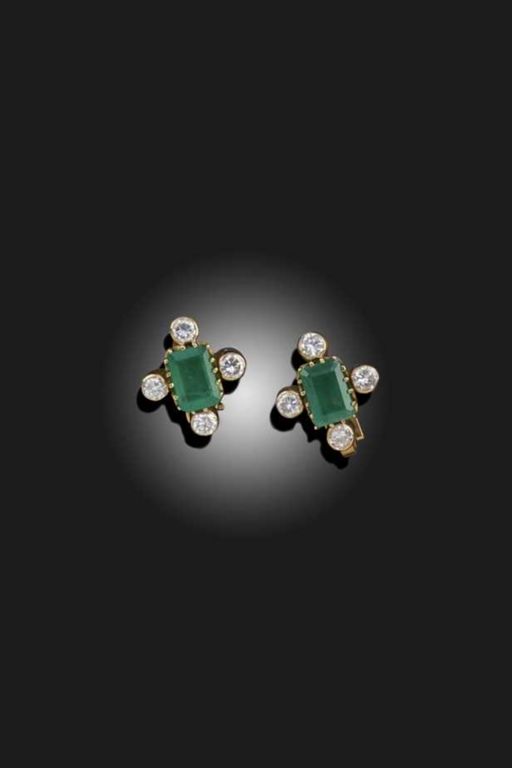Pair of Gold Emerald and Diamond Earrings
