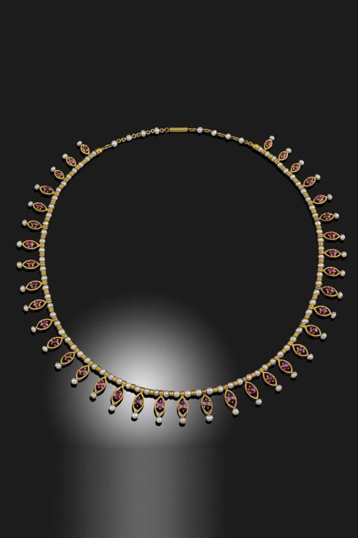 Gold Ruby and Pearl Necklace