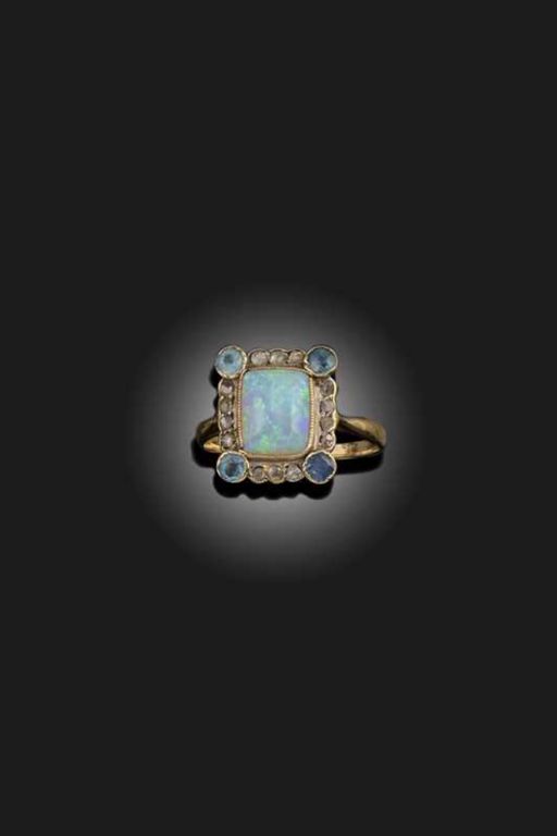 Gold Opal Aquamarine and Diamond Ring